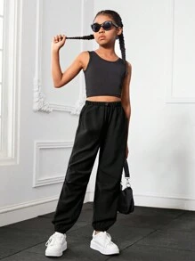 SHEIN Tween Girl Solid Drawstring Waist Pants - Black - View 5