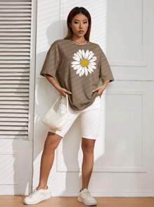 INAWLY 花卉印花落肩 T 恤 图案 T 恤 女式上衣