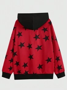 ROMWE MEN Prep Các bạn In Sao Dây kéo Dây rút Hoodie - Đỏ - Xem 2