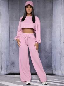 SHEIN PETITE Drop Shoulder Crop Pullover & Drawstring Waist Sweatpants - Baby Pink - View 3