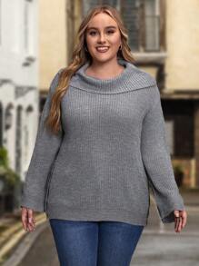 EMERY ROSE 大碼堆堆領紐扣側套頭毛衣 - 灰色 - 查看 1