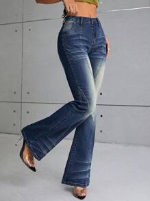 SHEIN ICON Quần ống loe - Rửa tối - Xem 4