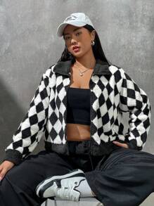 SHEIN Coolane 大碼菱形印花拼接領毛絨夾克 - 黑與白 - 查看 1