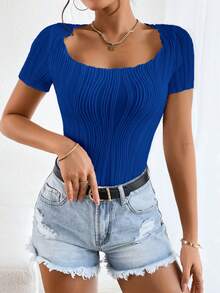 SHEIN Essnce Solid Scoop Neck Tee - Royal Blue - View 3
