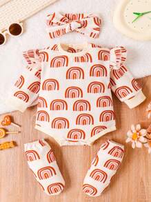 Baby Girl Rainbow Print Ruffle Trim Bodysuit & Headband & Leg Warmers - Multicolor - View 1