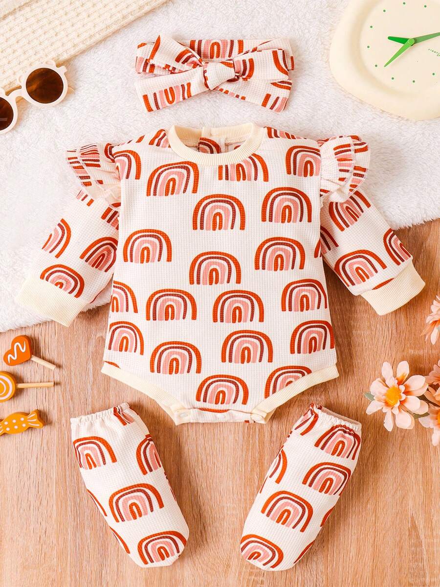 Baby Girl Rainbow Print Ruffle Trim Bodysuit & Headband & Leg Warmers - Multicolor - View 1
