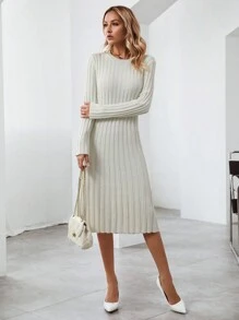 SHEIN LUNE Solid Ribbed Knit Sweater Dress - White - View 4