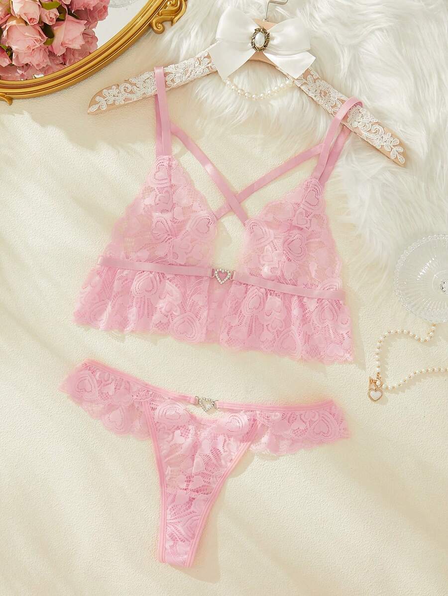 花卉蕾絲荷葉邊下擺內衣套裝 - 粉色 - 查看 1