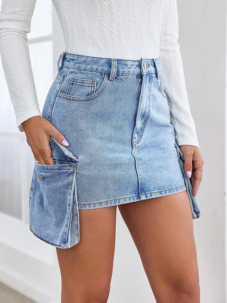 Flap Pocket Side Denim Skirt