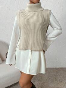 Chiquease Áo cao cổ Viền chia cắt Áo len vest Không có áo lót - Màu be - Xem 6