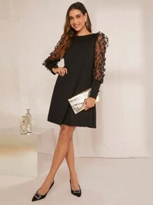SHEIN Clasi Contrast Mesh Appliques Detail Dress - Black - View 2