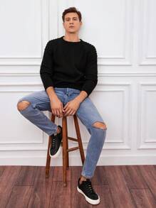 RueChic Men Solid Raglan Sleeve Sweater - Black - View 6
