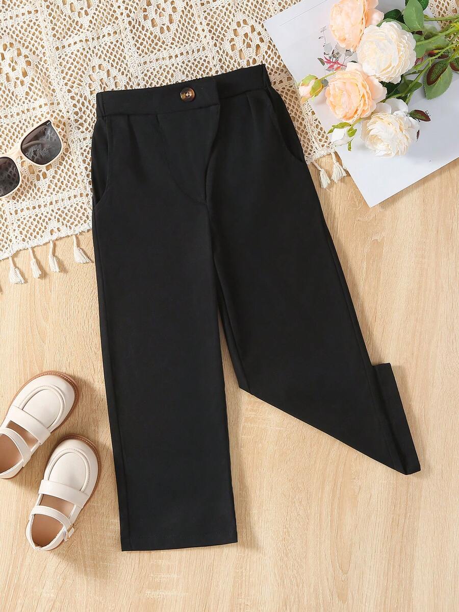 SHEIN Young Girl Solid Slant Pocket Pants - Black - View 1