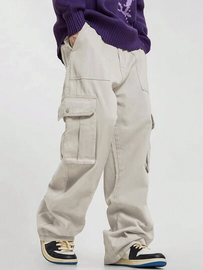 Chillumni Men Flap Pocket Side Oversize Cargo Pants, Plain Street Wear Long Baggy Cream Pants, For Husband, Boyfriend Gifts, For Fall