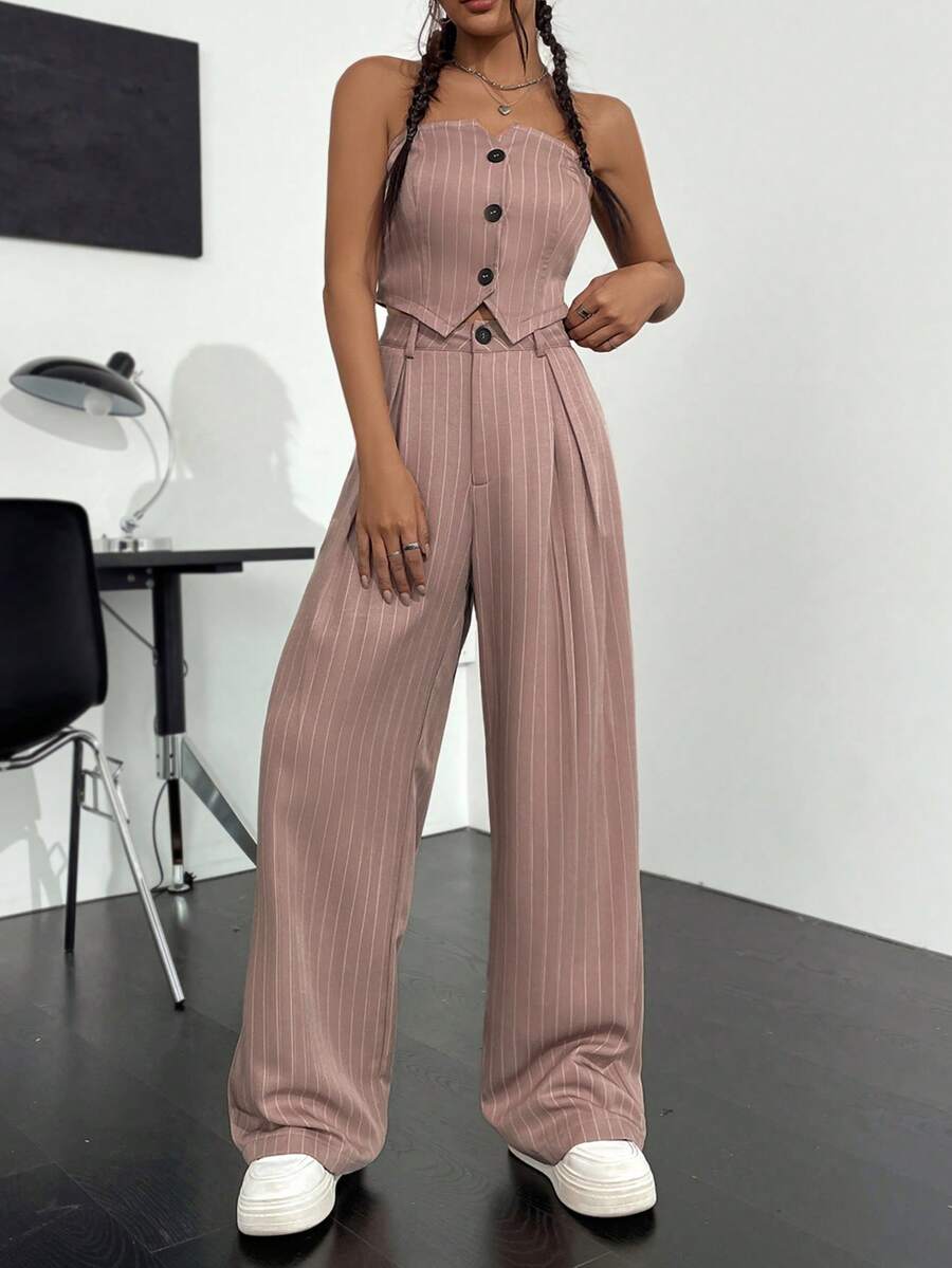 SHEIN Unity 前紐扣抹胸上衣&闊腿褲 - 卡其色 - 查看 1