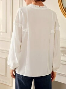 SHEIN Frenchy 褶邊燈籠袖襯衫 - 白色 - 查看 3