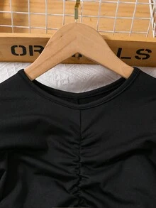 SHEIN Chica preadolescente Abrigo chaleco con patrón de cuadros con cinturón & Vestido fruncido & Sombrero - Negro - Ver 6