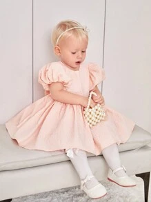 SHEIN Váy Bé Gái Dây kéo Nơ sau màu trơn - Màu Hồng  San hô - Xem 4