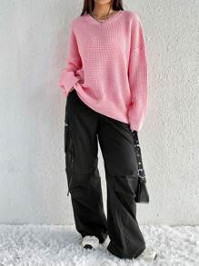 SHEIN Qutie Solid Drop Shoulder Waffle Knit Sweater - Pink - View 1