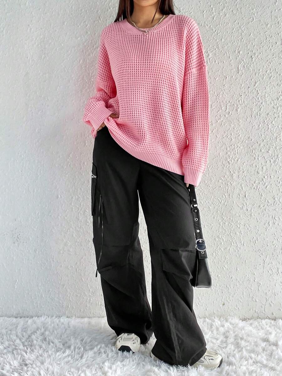 SHEIN Qutie Solid Drop Shoulder Waffle Knit Sweater - Pink - View 1