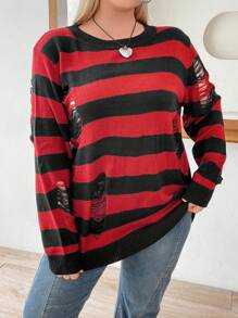 Flirla Talla grande Jersey con patrón de rayas desgarro - Multicolor - Ver 3