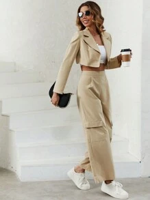 SHEIN Essnce Lapel Neck Crop Blazer & Flap Pocket Wide Leg Pants - Apricot - View 6