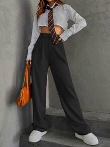 SHEIN Unity 女式纯色褶皱休闲时尚裤 - 黑色 - 查看 1