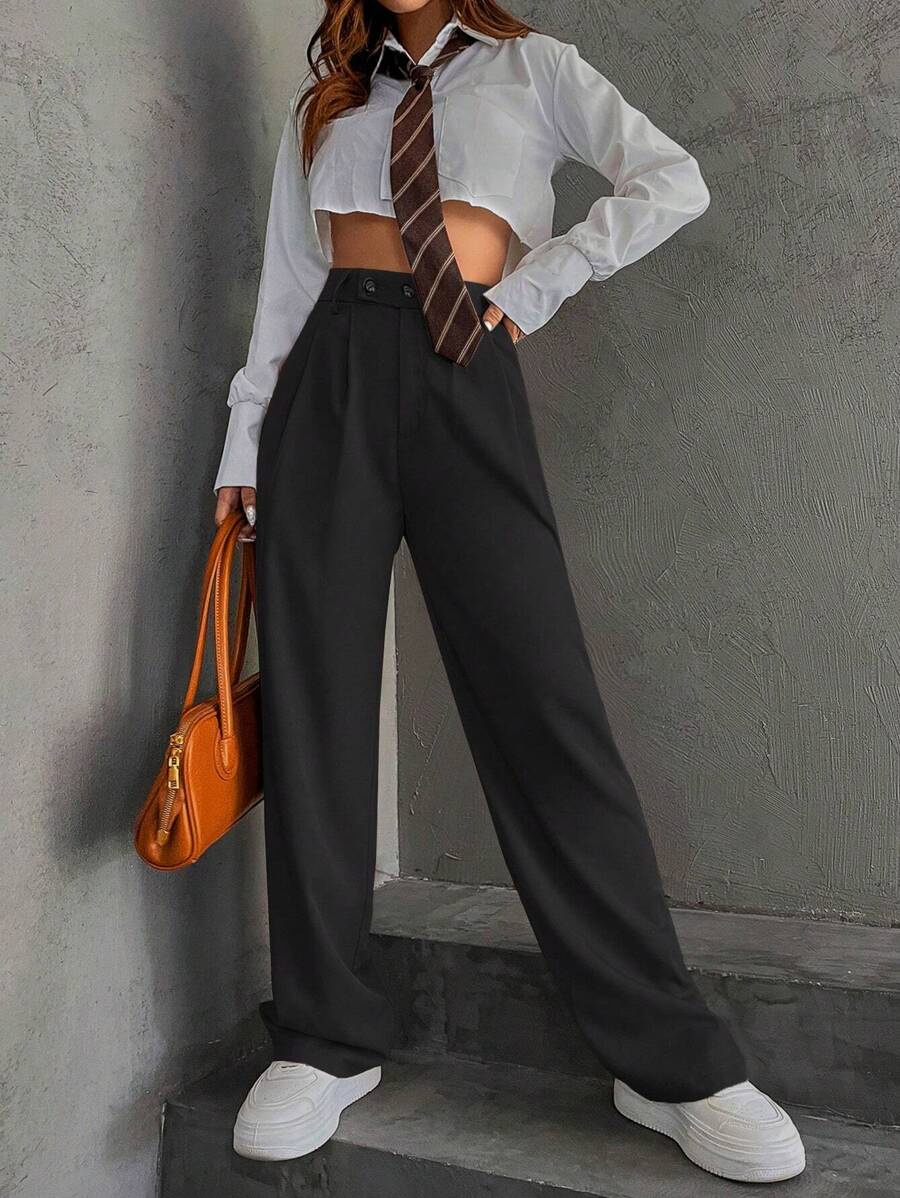 SHEIN Unity 女式纯色褶皱休闲时尚裤 - 黑色 - 查看 1