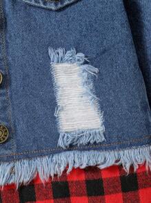 Baby Boy Gingham Print Ripped Raw Trim Hooded Denim Jacket - Multicolor - View 6