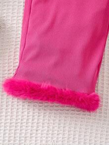 SHEIN 女小童毛茸邊腰帶連身褲 - 玫紅色 - 查看 3