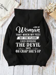 SHEIN EZwear 加大码标语图案袋鼠口袋抽绳保暖卫衣 - 黑色 - 查看 1