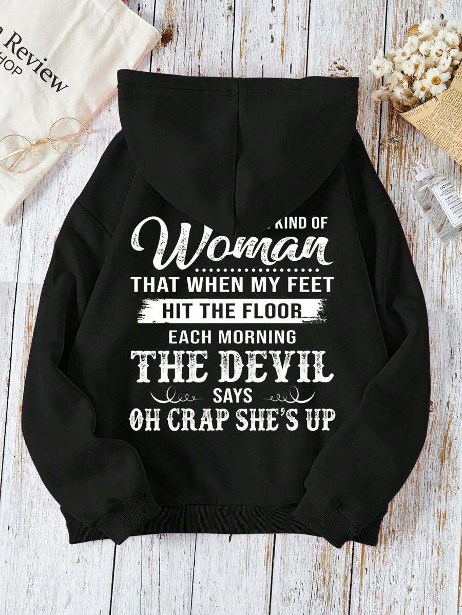 SHEIN EZwear 加大码标语图案袋鼠口袋抽绳保暖卫衣 - 黑色 - 查看 1