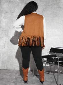 SHEIN CURVE+ Plus 1pc Hollow Out Fringe Hem Faux Suede Vest Coat - Camel - View 2