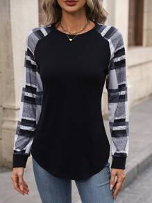 SHEIN LUNE Plaid Print Raglan Sleeve Curved Hem Tee Graphic Tees Women Tops Fall Cloth For Women - Black - View 5