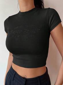 DAZY Đồ họa Chữ cái Áo phông Crop - màu đen - Xem 1