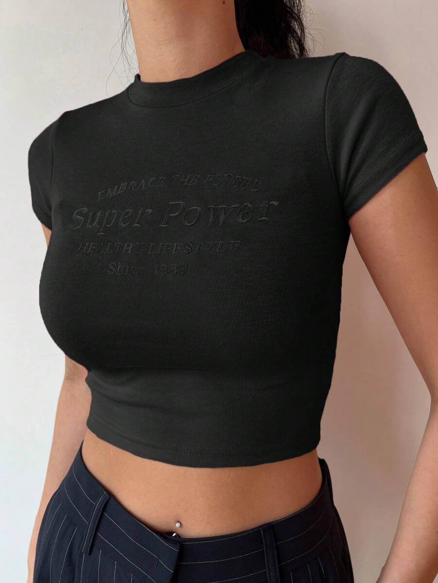 DAZY Đồ họa Chữ cái Áo phông Crop - màu đen - Xem 1