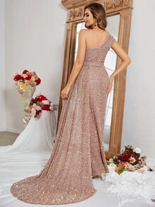 One Shoulder Split Thigh Sequin Formal Dress
