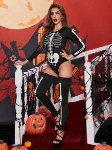 Skeleton Print Halloween Costume Bodysuit With 1pair Stocking - Black - View 5