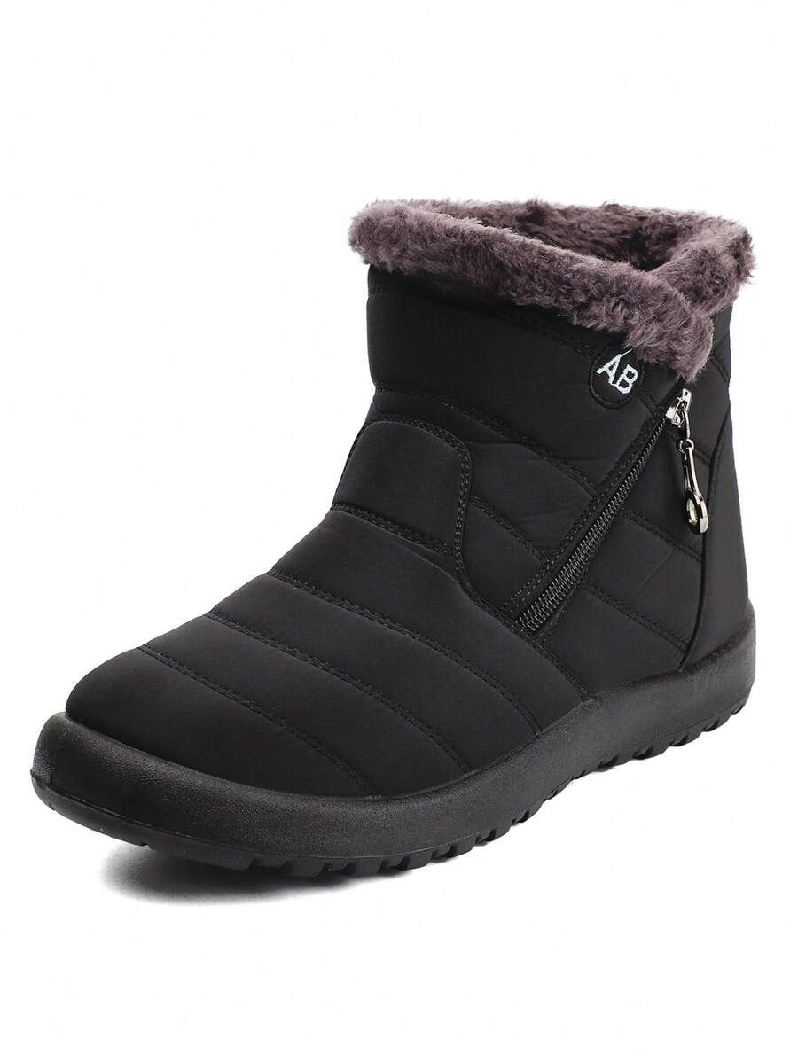 Letter Embroidered Side Zip Thermal Lined Snow Boots, Women's Black