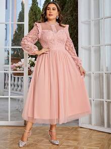 Simplee 大碼蕾絲拼接荷葉邊網紗覆蓋派對禮服 - 淺粉色 - 查看 3
