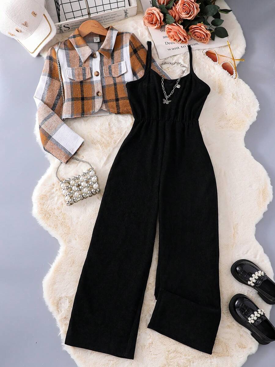 SHEIN Tween Girl Plaid Print Button Front Blouse & Cami Jumpsuit - Multicolor - View 1