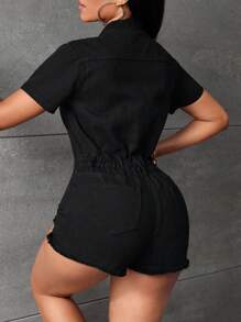 SHEIN SXY Flap Detail Raw Cut Denim Romper