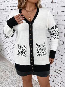 SHEIN LUNE áo hở cổ kích thước lớn Túi Nút phía trước Lá thư Giải trí - trắng - Xem 5