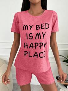 RueChic Slogan Graphic Tee & Shorts PJ Set - Pink - View 4