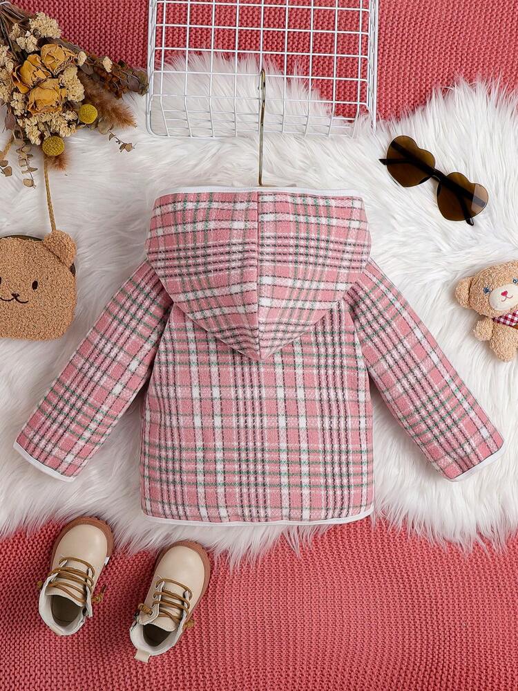 Baby Girl Plaid Dual Pocket Contrast Binding Hooded Coat