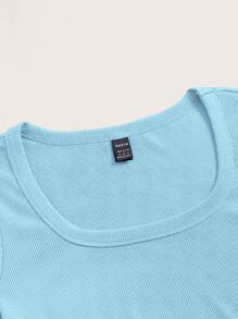 SHEIN EZwear 素色大圓領短款T恤 - 淺藍色 - 查看 4