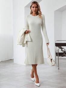 SHEIN LUNE Solid Ribbed Knit Sweater Dress - White - View 7