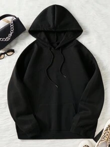 INAWLY Letter & Cartoon Face Print Drawstring Thermal Lined Hoodie - Black - View 2