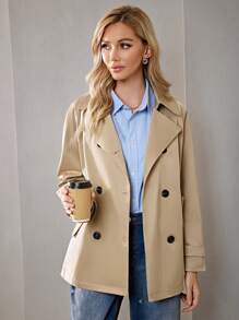 SHEIN Essnce Double Breasted Trench Coat - Camel - View 5
