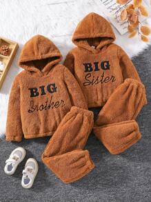 SHEIN Chàng trai trẻ Thêu Chữ Teddy Hoodie & Quần - màu nâu - Xem 6